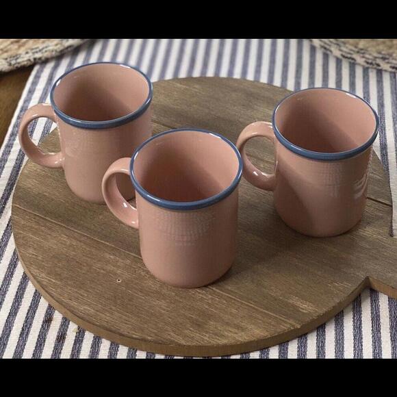 3 Rio Century Mugs Stoneware Pink Blue Rim Coffee Tea Cup Vintage Japan - Picture 1 of 12